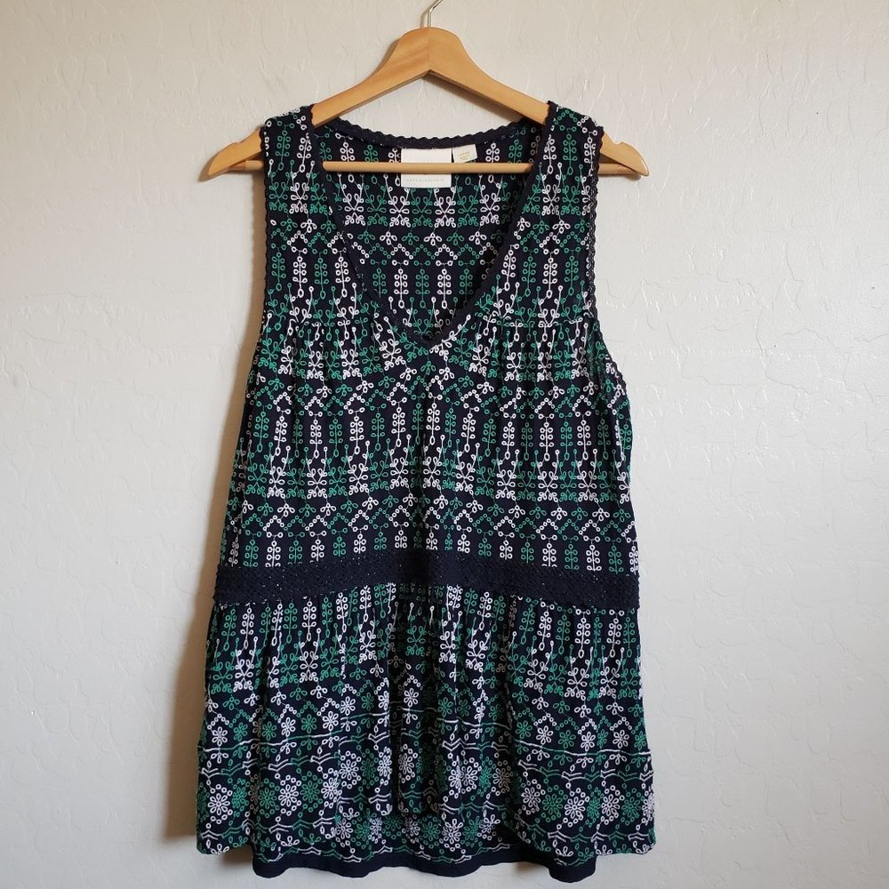 Anthropologie Maeve Cammie Embroidered Peplum Top V-Neck Blue/Green/White Large